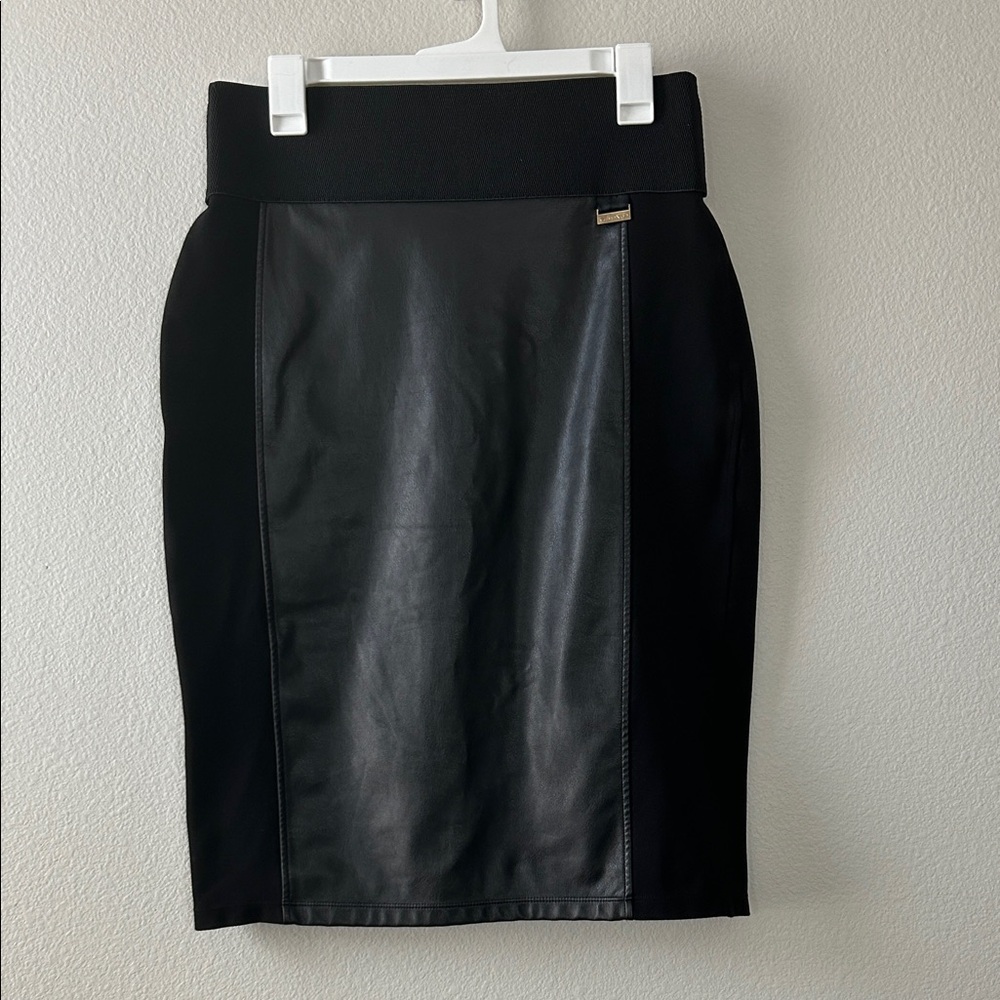 Calvin Klein Curvy Stretchy Black Leather-Panel Sexy Pencil Skirt